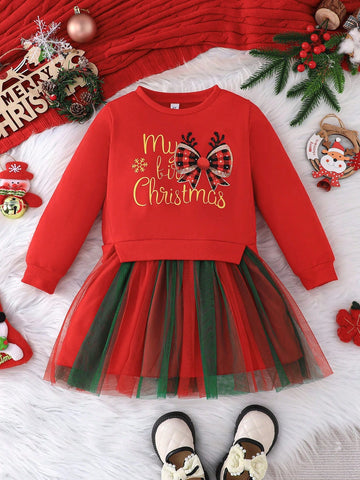 Christmas Young Girl Long Sleeve Mesh Ruffle Hem Merry Christmas Letter Print Cute 2 In 1 Holiday Party Dress