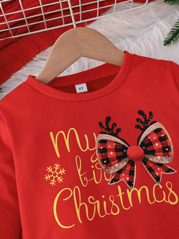 Christmas Young Girl Long Sleeve Mesh Ruffle Hem Merry Christmas Letter Print Cute 2 In 1 Holiday Party Dress