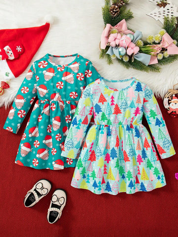 Christmas Young Girls Casual Cartoon Santa Claus & Christmas Tree All Over Print 2pcs Dress Set
