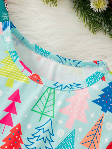 Christmas Young Girls Casual Cartoon Santa Claus & Christmas Tree All Over Print 2pcs Dress Set