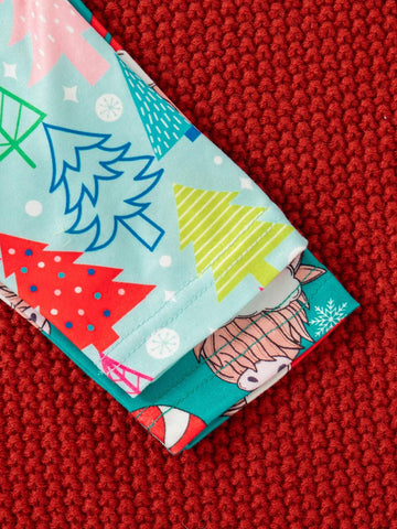 Christmas Young Girls Casual Cartoon Santa Claus & Christmas Tree All Over Print 2pcs Dress Set