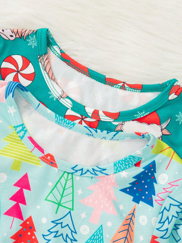 Christmas Young Girls Casual Cartoon Santa Claus & Christmas Tree All Over Print 2pcs Dress Set