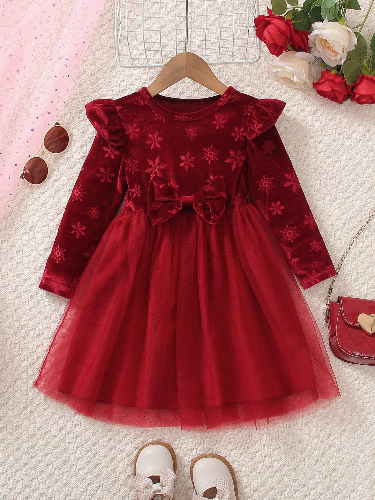 Christmas & New Year Children's Elegant Bowknot Mesh Patchwork Cap Sleeve Round Neck Midi Dress, Suitable For Autumn