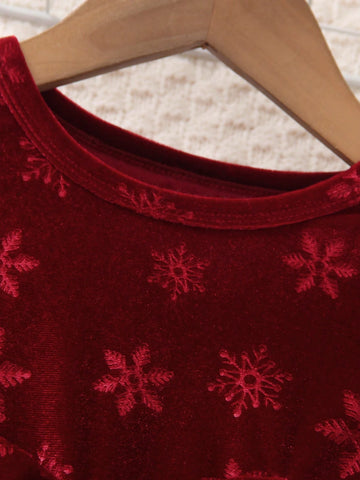 Christmas & New Year Children's Elegant Bowknot Mesh Patchwork Cap Sleeve Round Neck Midi Dress, Suitable For Autumn
