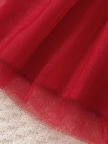Christmas & New Year Children's Elegant Bowknot Mesh Patchwork Cap Sleeve Round Neck Midi Dress, Suitable For Autumn