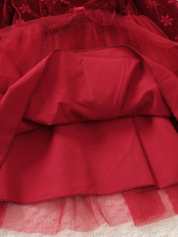 Christmas & New Year Children's Elegant Bowknot Mesh Patchwork Cap Sleeve Round Neck Midi Dress, Suitable For Autumn