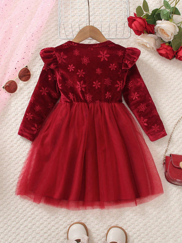 Christmas & New Year Children's Elegant Bowknot Mesh Patchwork Cap Sleeve Round Neck Midi Dress, Suitable For Autumn