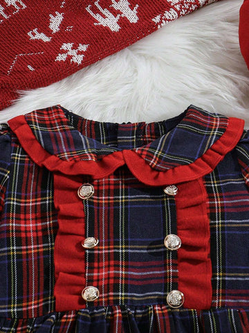 Christmas & New Year Girls Dress, Fashion Elegant Contrast Plaid Print Cute Peter Pan Collar Long Sleeve Knee-Length Dress