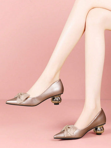 Chunky Heel Pointed Toe Casual Chic Bowknot Glitter High Heel Pumps