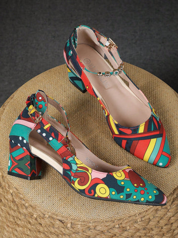 Chunky Heel Pointed Toe Fashionable Elegant Shallow Mouth High Heel Pumps With Rhinestone Strap