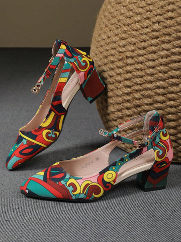 Chunky Heel Pointed Toe Fashionable Elegant Shallow Mouth High Heel Pumps With Rhinestone Strap