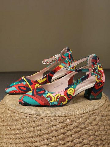 Chunky Heel Pointed Toe Fashionable Elegant Shallow Mouth High Heel Pumps With Rhinestone Strap