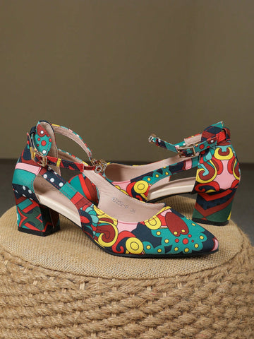 Chunky Heel Pointed Toe Fashionable Elegant Shallow Mouth High Heel Pumps With Rhinestone Strap