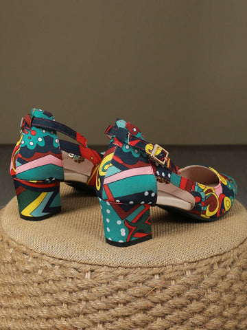 Chunky Heel Pointed Toe Fashionable Elegant Shallow Mouth High Heel Pumps With Rhinestone Strap