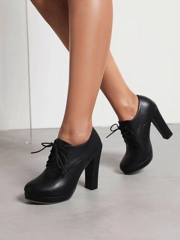 Chunky Heeled Lace-Up Front Oxford Pumps, Ladies' Black Shoes With Neutral Tone Belt And Solid Color,