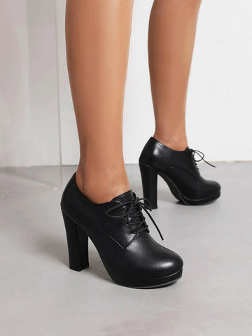 Chunky Heeled Lace-Up Front Oxford Pumps, Ladies' Black Shoes With Neutral Tone Belt And Solid Color,