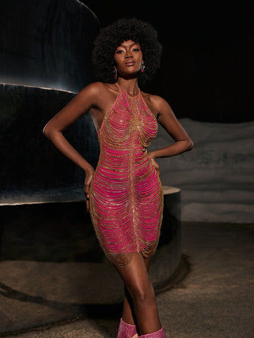 Cinzia Halterneck Diamond Chain Mesh Mini Dress In Hot Pink