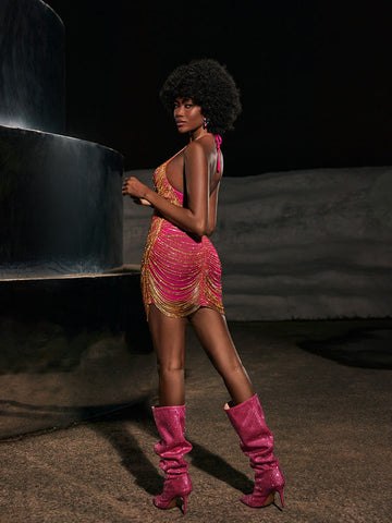 Cinzia Halterneck Diamond Chain Mesh Mini Dress In Hot Pink