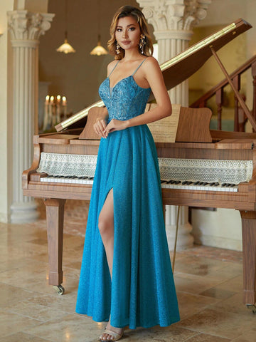 Classic Spaghetti Applique Deep V-Neck Column Prom Dress