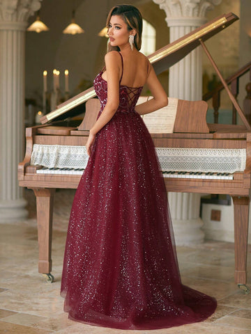 Classic Sweetheart Neck Beaded Spaghetti Evening Dress