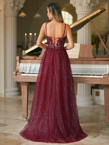 Classic Sweetheart Neck Beaded Spaghetti Evening Dress