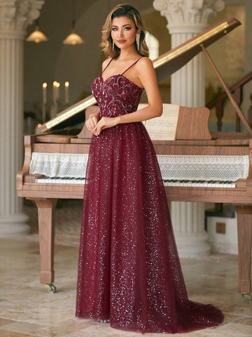 Classic Sweetheart Neck Beaded Spaghetti Evening Dress