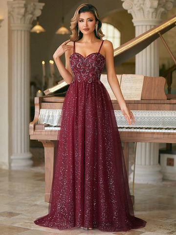 Classic Sweetheart Neck Beaded Spaghetti Evening Dress
