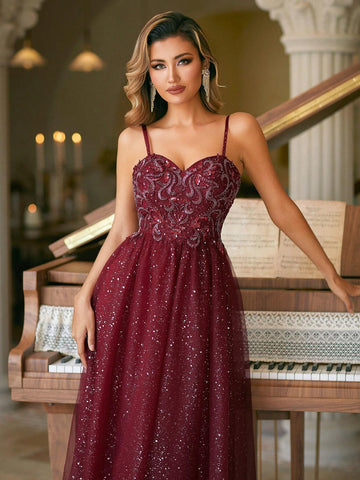 Classic Sweetheart Neck Beaded Spaghetti Evening Dress