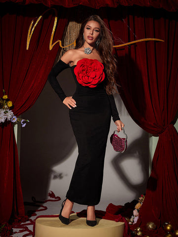 Claus Off Shoulder Red Flower Maxi Dress