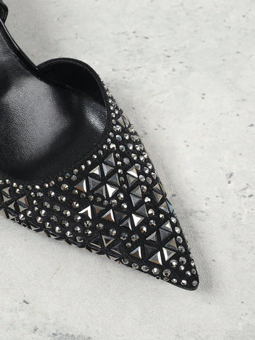 Clear Crystal Decorated Pointed Toe Square High Heel Sandals, Women Spring Summer New Backless