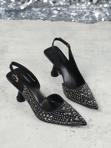 Clear Crystal Decorated Pointed Toe Square High Heel Sandals, Women Spring Summer New Backless