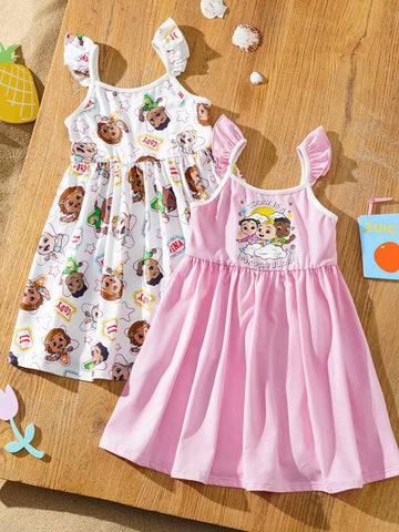 2pcs/Set Young Girls Cartoon Character Print Cute & Sweet Spaghetti Strap Dress