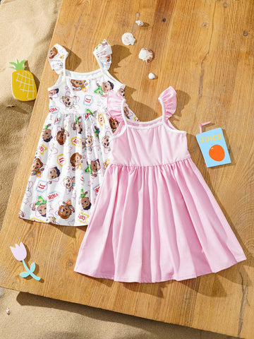 2pcs/Set Young Girls Cartoon Character Print Cute & Sweet Spaghetti Strap Dress