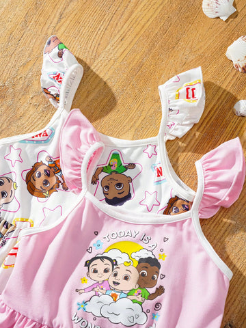 2pcs/Set Young Girls Cartoon Character Print Cute & Sweet Spaghetti Strap Dress