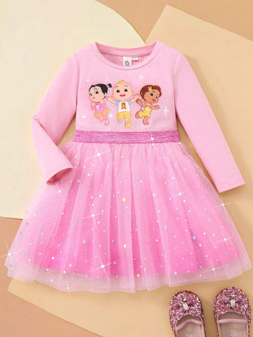 Young Girl Cartoon Best Friend Print Gradient Mesh Adorable Sweet Pink Long Sleeve Dress