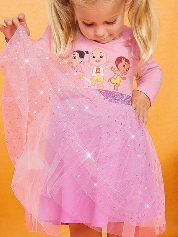 Young Girl Cartoon Best Friend Print Gradient Mesh Adorable Sweet Pink Long Sleeve Dress