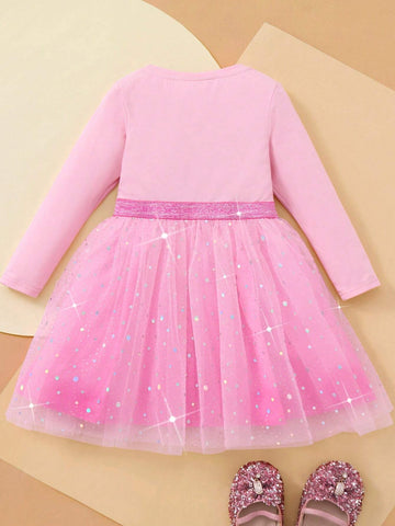 Young Girl Cartoon Best Friend Print Gradient Mesh Adorable Sweet Pink Long Sleeve Dress