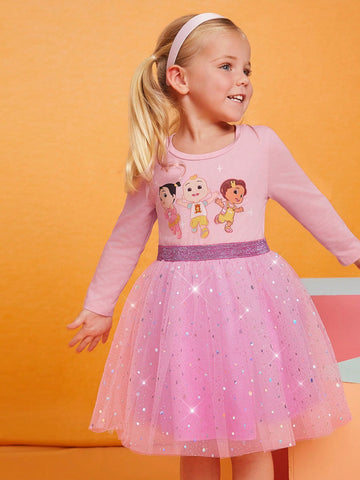 Young Girl Cartoon Best Friend Print Gradient Mesh Adorable Sweet Pink Long Sleeve Dress