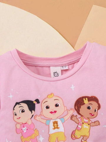 Young Girl Cartoon Best Friend Print Gradient Mesh Adorable Sweet Pink Long Sleeve Dress