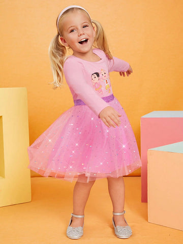 Young Girl Cartoon Best Friend Print Gradient Mesh Adorable Sweet Pink Long Sleeve Dress