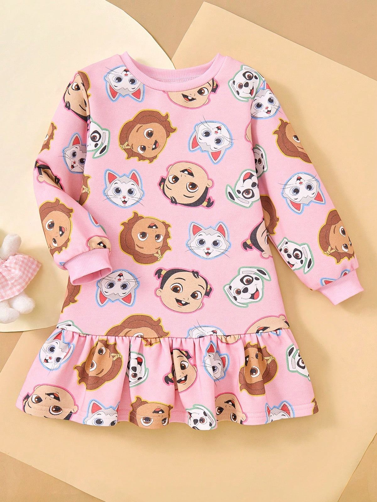 Young Girl Cartoon Cat & Dog Print Cute Sweet Pink Long Sleeve Casual Dress, Autumn/Winter