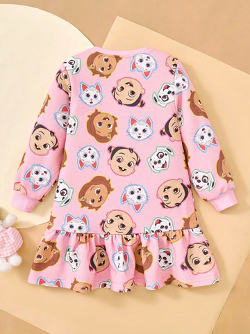 Young Girl Cartoon Cat & Dog Print Cute Sweet Pink Long Sleeve Casual Dress, Autumn/Winter