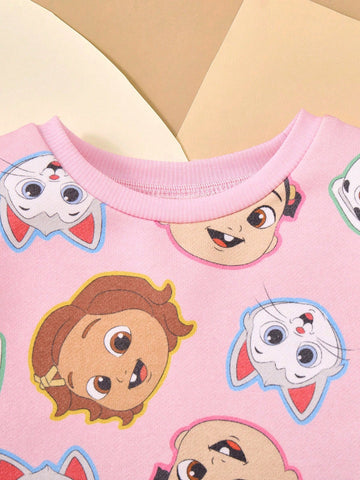 Young Girl Cartoon Cat & Dog Print Cute Sweet Pink Long Sleeve Casual Dress, Autumn/Winter