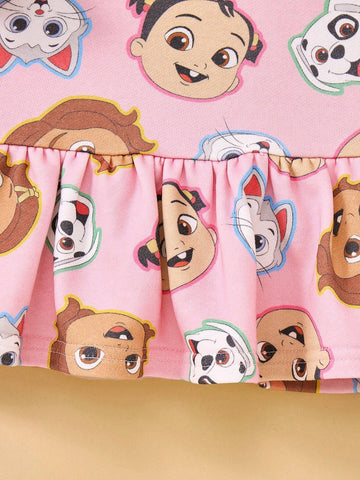 Young Girl Cartoon Cat & Dog Print Cute Sweet Pink Long Sleeve Casual Dress, Autumn/Winter