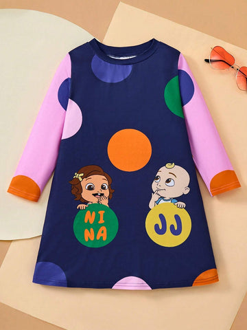 Young Girl Cartoon Cute & Sweet Casual Dress, Navy Blue Combined With Pink Polka Dot Graphic With Fake Pocket, Contrast Color Long Sleeve, Suitable For All Seasons