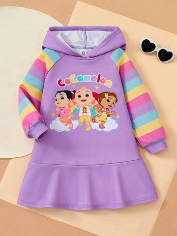 Young Girl Cartoon Print Colorful Striped Raglan Long Sleeve Purple Hoodie Dress, Cute & Sweet, For Autumn/Winter