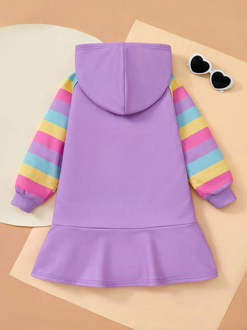 Young Girl Cartoon Print Colorful Striped Raglan Long Sleeve Purple Hoodie Dress, Cute & Sweet, For Autumn/Winter