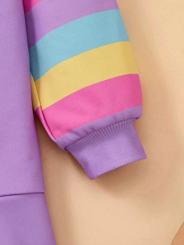 Young Girl Cartoon Print Colorful Striped Raglan Long Sleeve Purple Hoodie Dress, Cute & Sweet, For Autumn/Winter