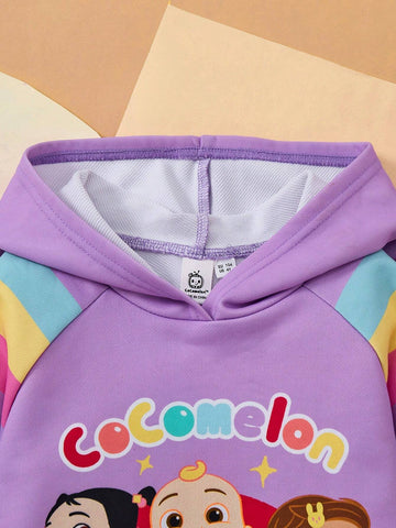 Young Girl Cartoon Print Colorful Striped Raglan Long Sleeve Purple Hoodie Dress, Cute & Sweet, For Autumn/Winter