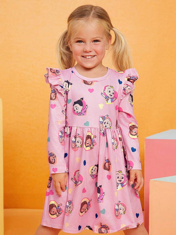 Young Girl Cute Cartoon Sweet Casual Ruffle Trim Heart Print Long Sleeve Dress, Suitable For Spring, Autumn & Winter